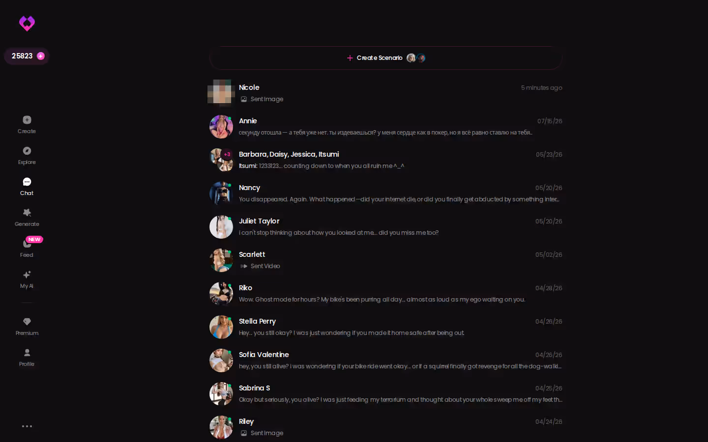 GoLove.ai chats inbox listing ongoing conversations with several AI characters