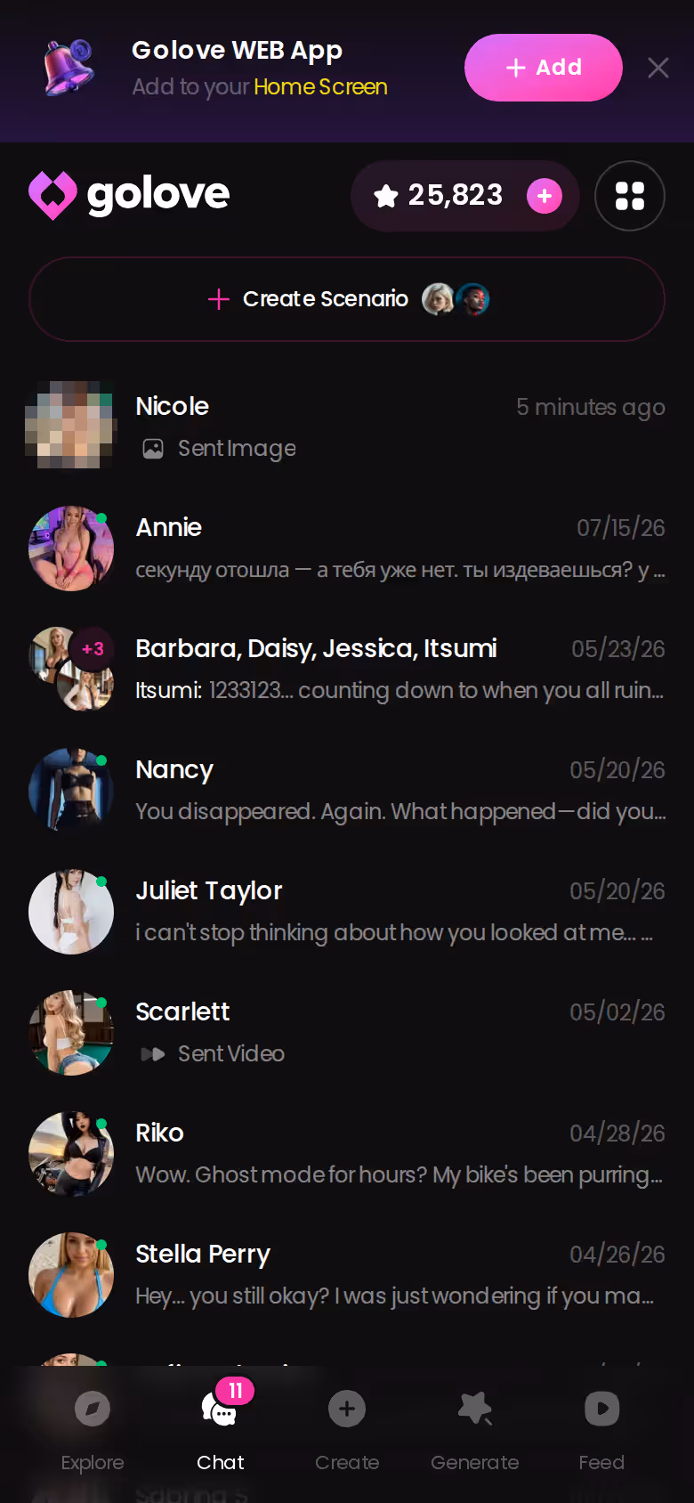 GoLove.ai mobile chats list keeping a returning waifu one tap away