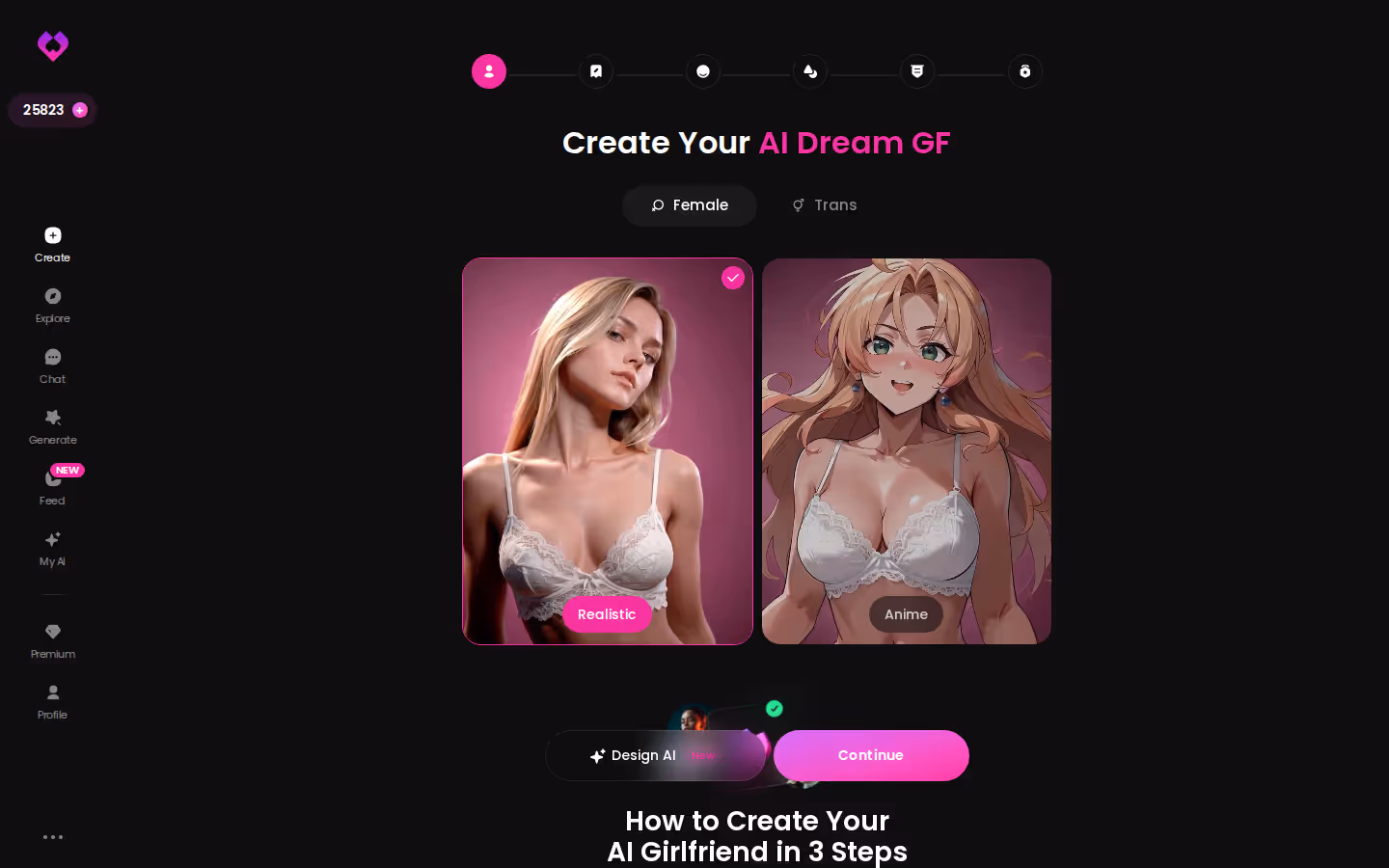 GoLove Create wizard showing Realistic, Anime and Trans character cards
