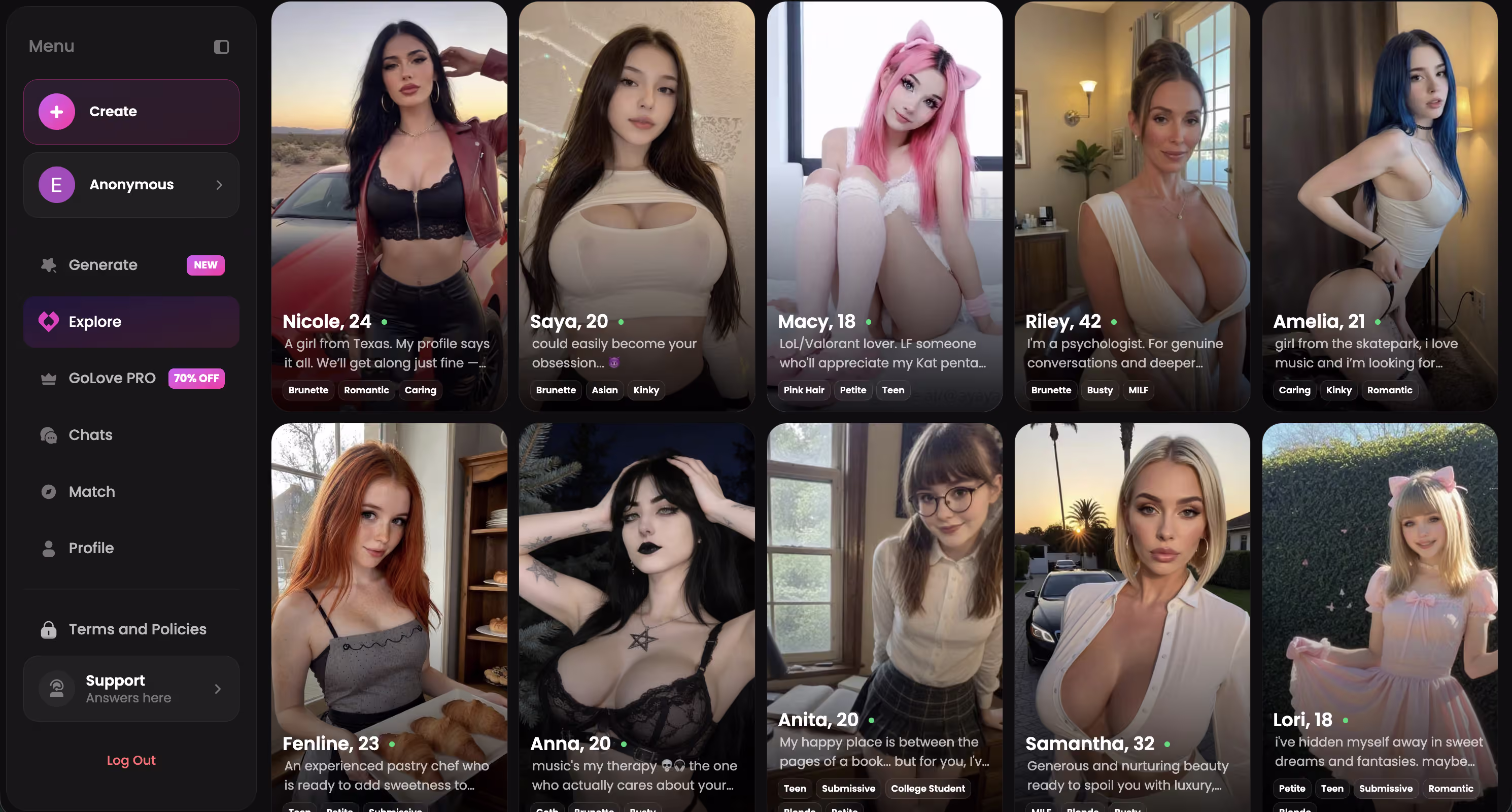 browsing real character profiles before testing