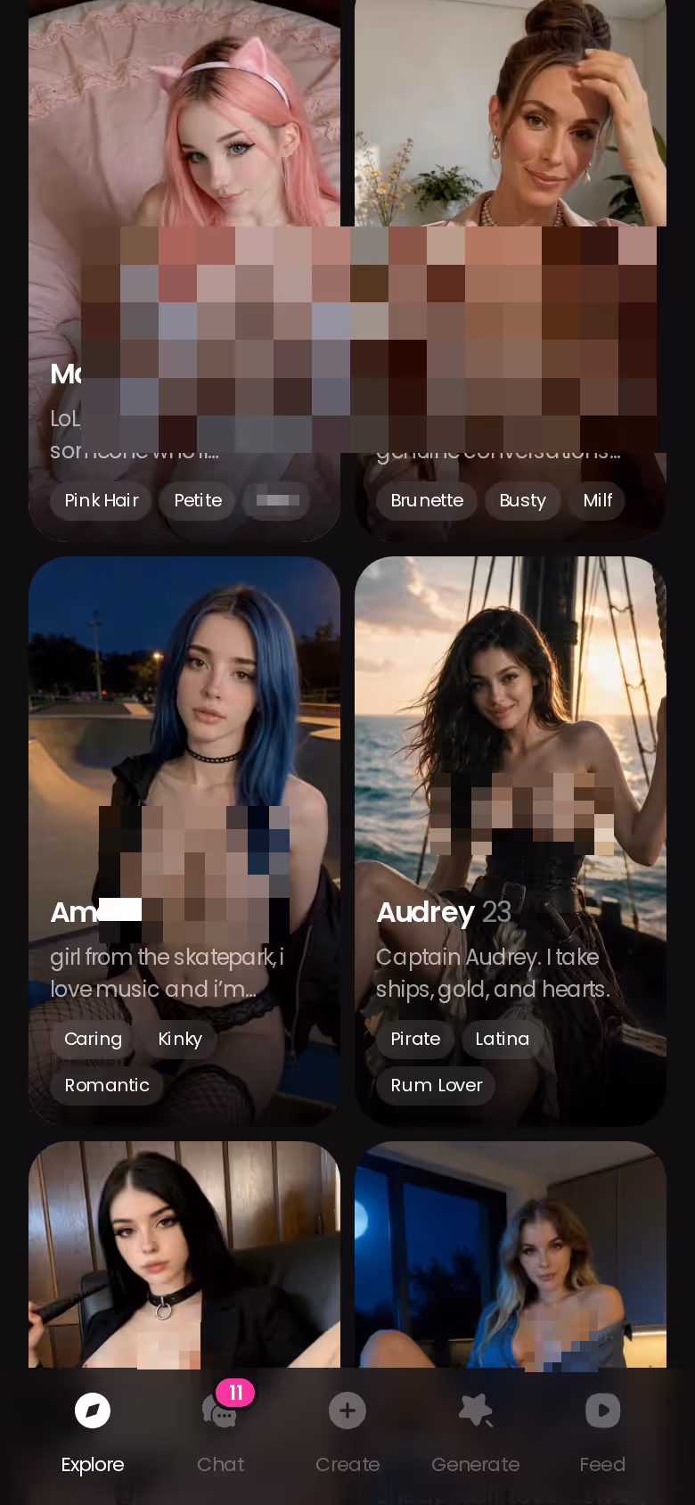 GoLove.ai Explore screen on mobile, where each character card opens straight into chat