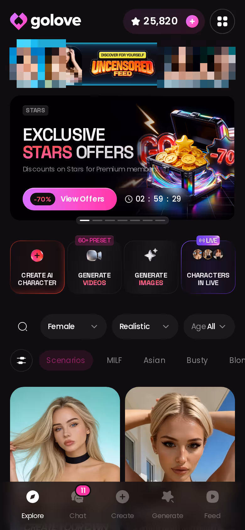 GoLove.ai Explore on mobile — the roster you pick your JOI companion from