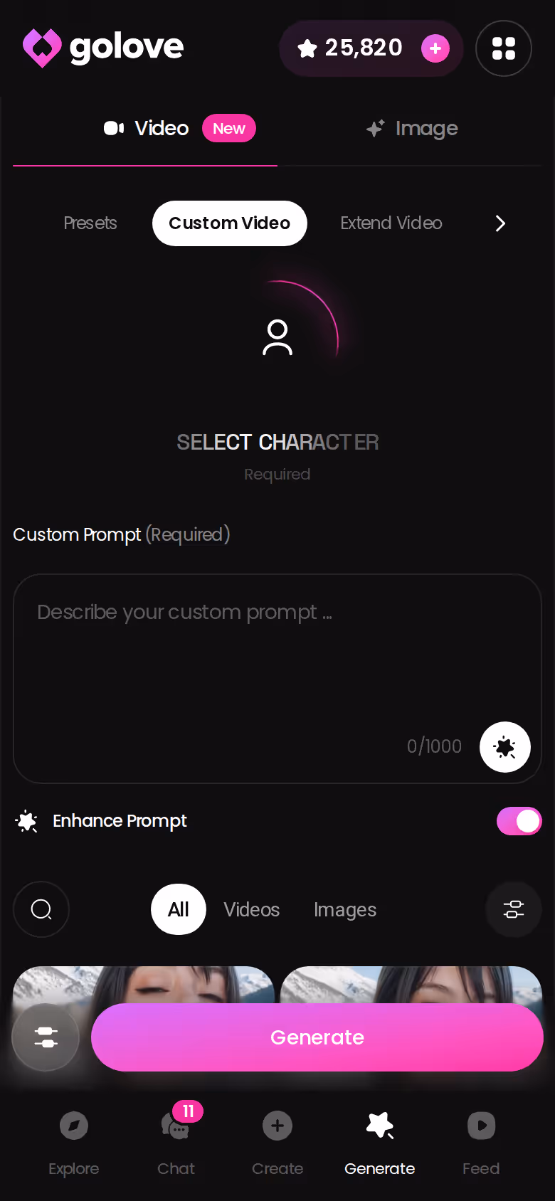 GoLove Custom Video generator on mobile with resolution and batch options