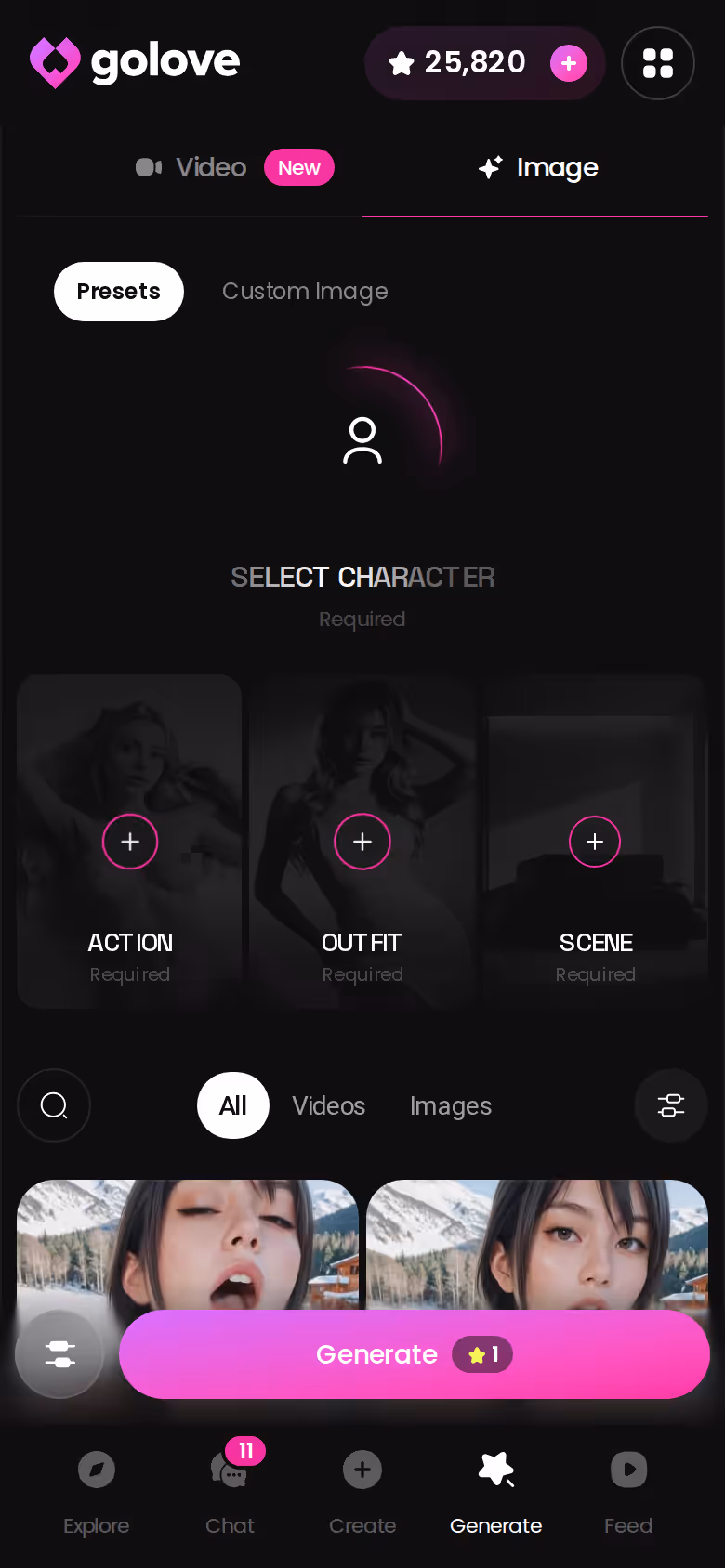 GoLove.ai Image mode on mobile with pose, outfit and background presets stacked above one Generate button