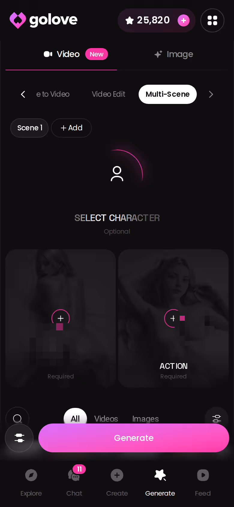 GoLove.ai Generate tab on mobile building a scene from action, Clothes and Background presets